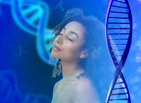 Beauty and science. Attractive woman against blue background with DNAの写真素材
