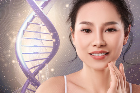 Beauty and science. Attractive woman against color background with DNAの写真素材