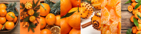 Collage with fresh tangerines, banner design. Christmas citrus fruitの写真素材