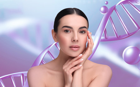 Beauty and science. Attractive woman against violet gradient background with DNAの写真素材