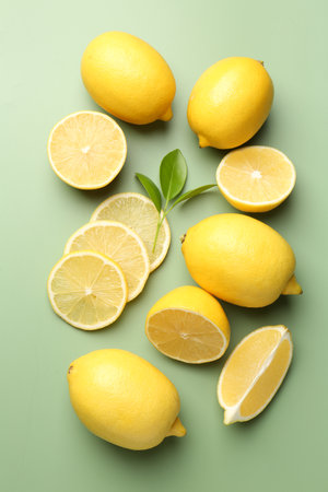 Fresh ripe lemons and leaves on olive background, flat layの写真素材