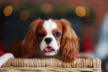 Cute dog inside wicker basket in room decorated for Christmasの写真素材