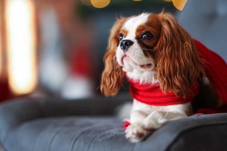 Cute dog with red scarf on armchair in room decorated for Christmas, space for textの写真素材