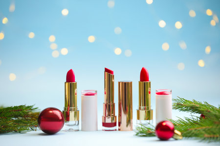 Makeup products and Christmas decor on light blue background with blurred lights, closeup. Bokeh effectの写真素材