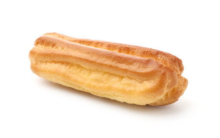 One tasty eclair isolated on white. Delicious dessert
