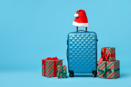 Christmas vacation. Red suitcase, Santa hat and gift boxes on light blue background. Space for textの写真素材