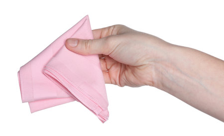 Woman holding fabric handkerchief on white background, closeupの写真素材