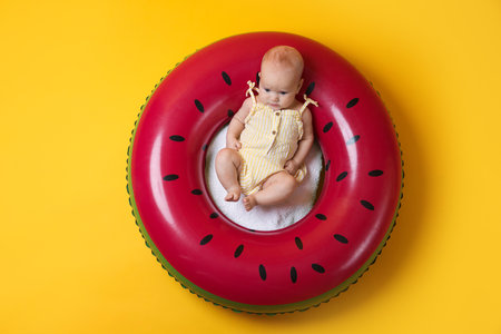 Cute little baby on inflatable ring against orange background, top viewの写真素材