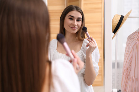 Beautiful woman applying makeup near mirror indoorsの写真素材