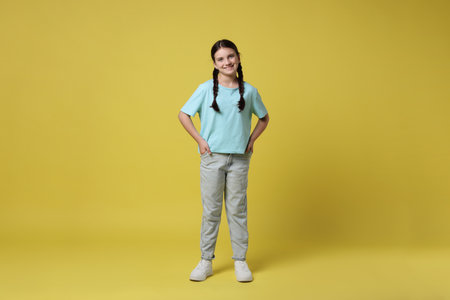 Portrait of cute girl on yellow backgroundの写真素材