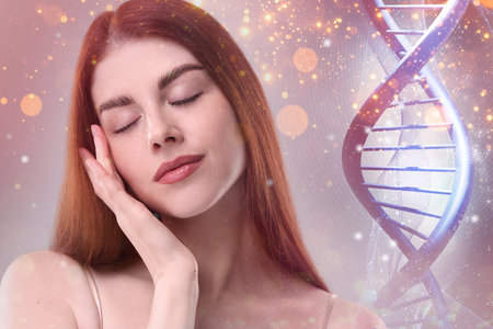 Beauty and science. Attractive woman against dusty rose background with DNAの写真素材