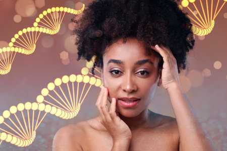 Beauty and science. Attractive woman against color gradient background with DNA