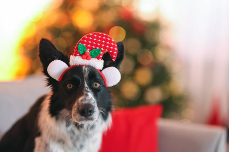 Cute dog in funny headband on armchair at home, space for text. Christmas atmosphereの写真素材