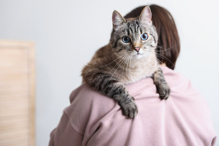 Man with his cute cat at home, space for textの写真素材