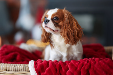 Cute dog inside wicker basket in room decorated for Christmas