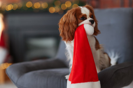 Cute dog with Santa hat on armchair at home, space for text. Christmas atmosphereの写真素材