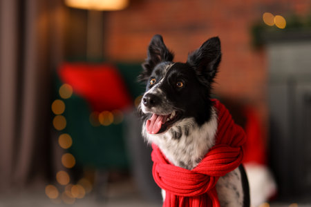 Cute dog with red scarf at home, space for text. Christmas atmosphereの写真素材