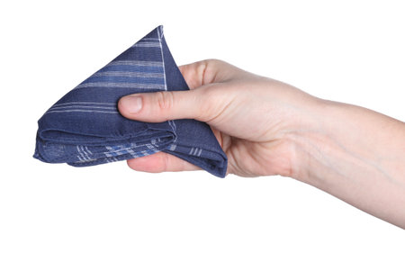 Woman holding fabric handkerchief on white background, closeupの写真素材