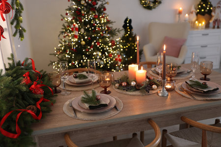 Festive table setting with Christmas decor indoorsの写真素材