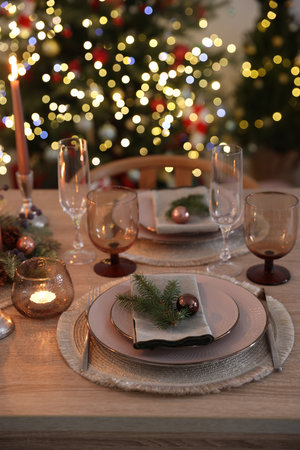 Festive table setting with Christmas decor indoors, closeupの写真素材