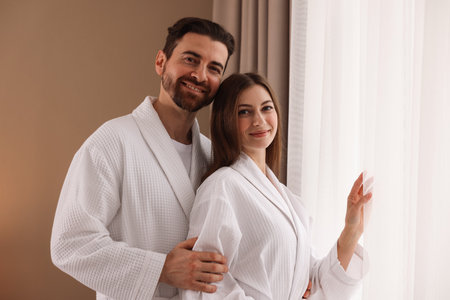 Happy couple wearing bathrobes near window in hotel roomの写真素材