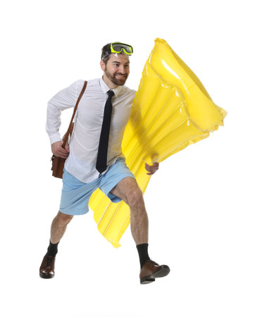 Man with diving mask and air mattress on white backgroundの写真素材