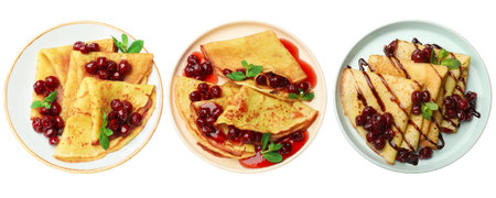 Delicious crepes served with cherry jam isolated on white, set. Top viewの写真素材