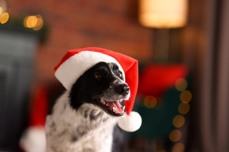 Cute dog with Santa hat at home, space for text. Christmas atmosphereの写真素材