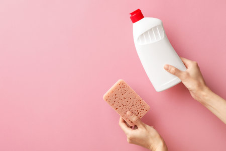 Woman holding sponge and dish soap on pink background, top view. Space for textの写真素材