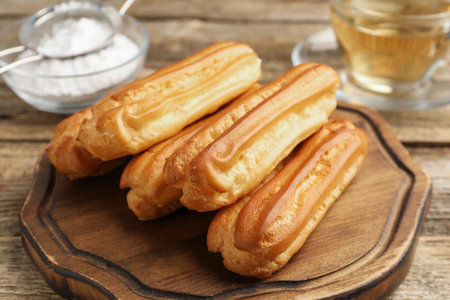 Tasty eclairs, powdered sugar and tea on wooden table, closeupの写真素材