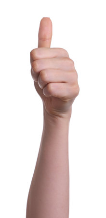 Woman showing thumbs up gesture on white background, closeupの写真素材
