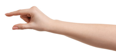 Woman showing size of something on white background, closeupの写真素材