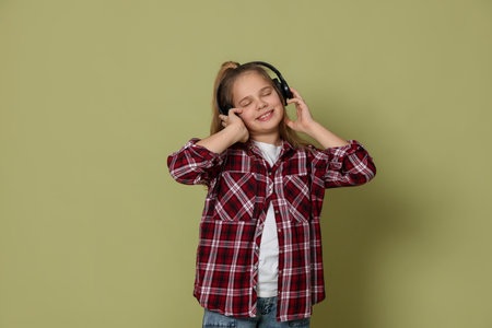 Cute little girl in headphones on olive backgroundの写真素材