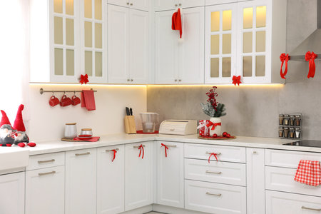 Stylish kitchen with Christmas decor. Interior designの写真素材