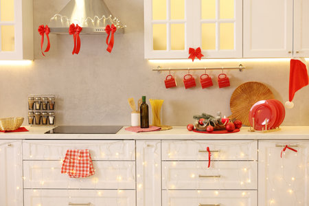 Stylish kitchen with Christmas decor. Interior designの写真素材