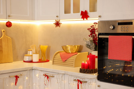 Stylish kitchen with Christmas decor. Interior designの写真素材