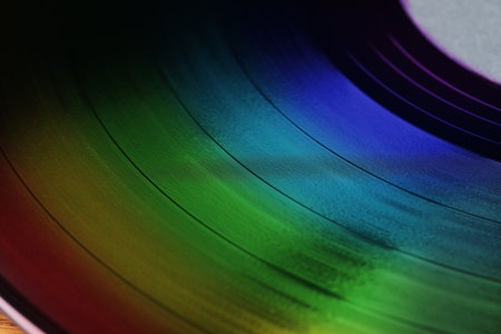 Vinyl record in rainbow colors, closeup viewの写真素材
