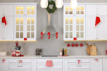 Stylish kitchen with Christmas decor. Interior designの写真素材