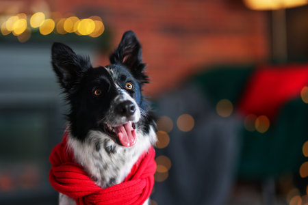 Cute dog with red scarf at home, space for text. Christmas atmosphereの写真素材