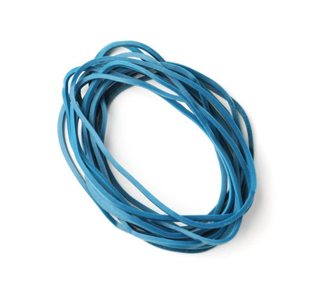 Many blue rubber bands isolated on white, top viewの写真素材
