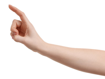 Woman pointing at something on white background, closeupの写真素材