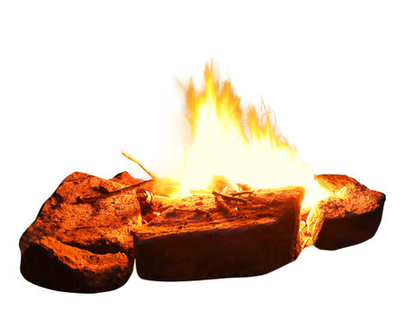 Bonfire isolated on white. Burning firewood with flamesの写真素材