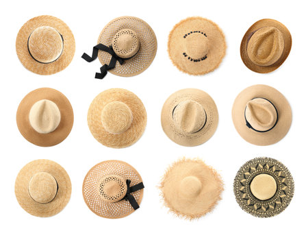 Set of straw hats isolated on white. Top viewの写真素材
