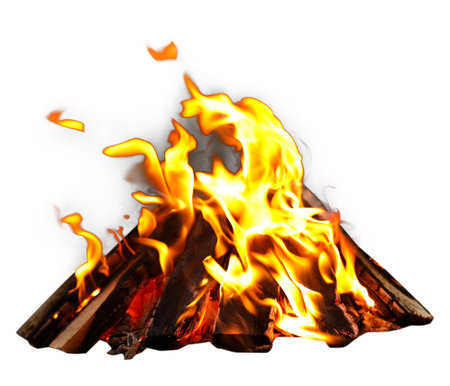 Bonfire isolated on white. Burning firewood with flamesの写真素材