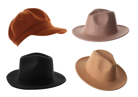 Set of different hats isolated on whiteの写真素材