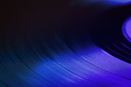 Vinyl record, closeup view. Toned in blue colorの写真素材