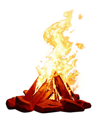 Bonfire isolated on white. Burning firewood with flamesの写真素材