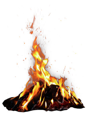 Bonfire isolated on white. Burning firewood with flamesの写真素材
