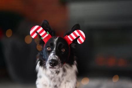 Cute dog in funny headband at home, space for text. Christmas atmosphereの写真素材
