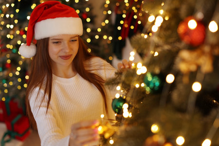 Beautiful teenage girl in Santa hat decorating Christmas tree at homeの写真素材
